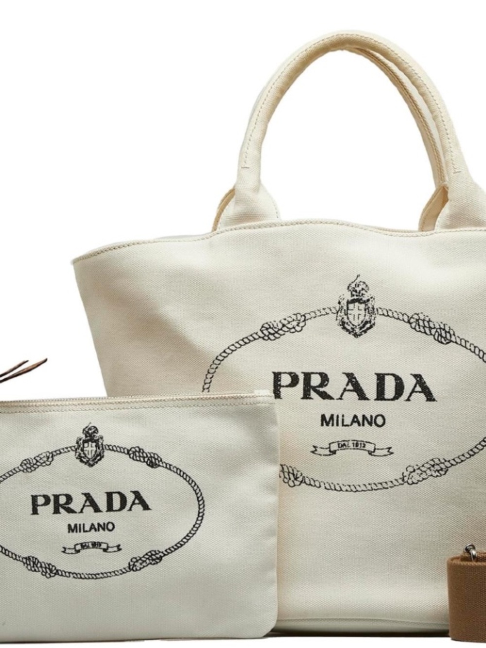 prada cream canapa canvas tote with brown shoulder strap perfect summer tote bag